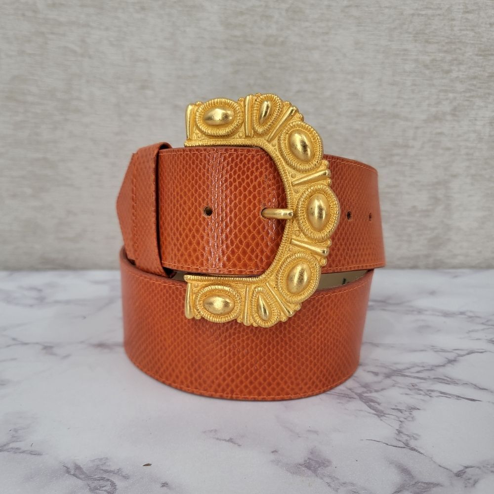 Emmanuel Vintage Oversized Gold Buckle and Deep Coral Lizard Embossed Belt